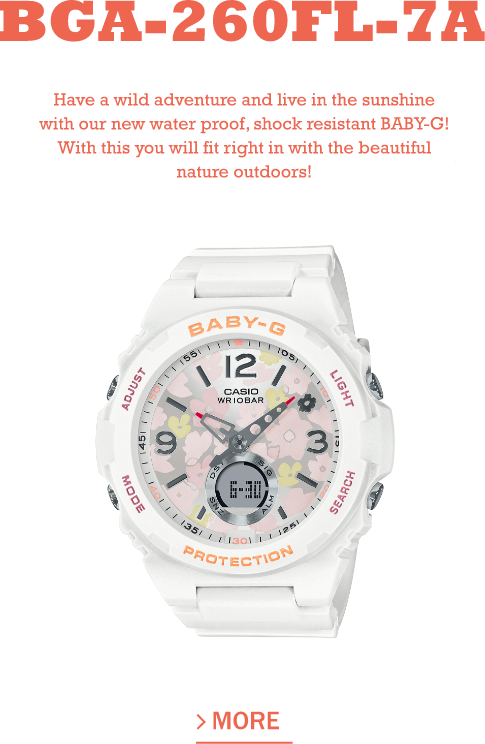BGA-260FL-7A Have a wild adventure and live in the sunshine with our new water proof, shock resistant BABY-G! With this you will fit right in with the beautiful nature outdoors!